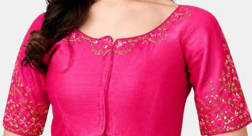 Image of Pujia Mills Women's Silk Embroidery Sequence Work Half Sleeve Readymade Blouse