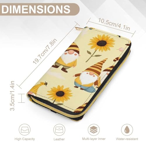 Women's Cute Decor Wallet, Long PU Zipper Wallet, Travel Purse Fashion Design, Huge Storage Capacity Purse Honey Bees Cute Gnome Sunflower Floral2