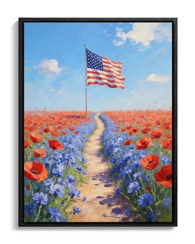 Image of American Flag Framed Canvas Wall Art, 4th of July Floral Canvas Prints, Wildflower Field Landscape Patriotic Decorations, Vintage Rustic Independence Day Wall Decor for Bedroom Living Room 12x16