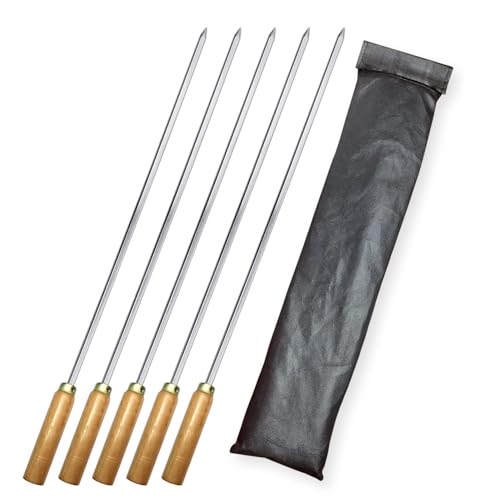 Image of 17 Inch Stainless Steel Square Barbeque Skewers with Wood Handle | BBQ Skewers Set | Reusable BBQ Sticks, Kabab Metal Grilling Skewer | Set of - 5 (BBQ Sticks Wood)
