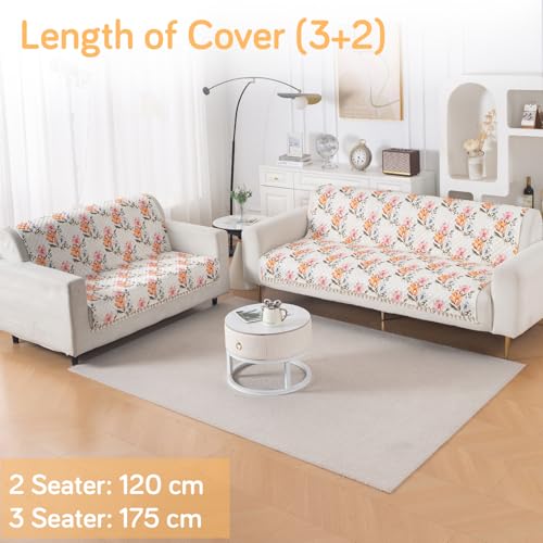 Image of HOKIPO Painterly Floral Quilted Sofa Cover 5 Seater with Tassels - (3+2) for Seat & Back | 'Tassel Twigs' Series (IN-991-T8 + IN-990-T8)