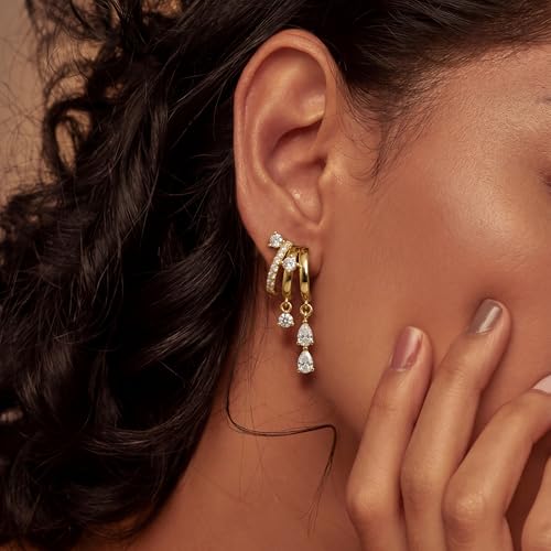 Triple Huggie Stacked Earrings for Women Gold Chain Drop Dangle Earrings Cute Statement CZ Earrings Trendy Dainty Jewelry Gift (Triple Stack Dangle/Gold, 1 PAIRS) by Hefanny - Used condition - Image 5