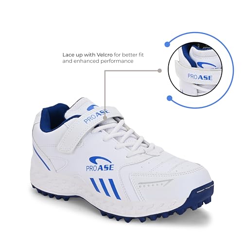 Image of Pro ASE Lightweight Cricket Shoes - Durable & Comfortable | Ideal for Turf, Ground & Hard Surfaces | Allrounder Design with Studs, Velcro & Superior Grip | White, Blue, Grey