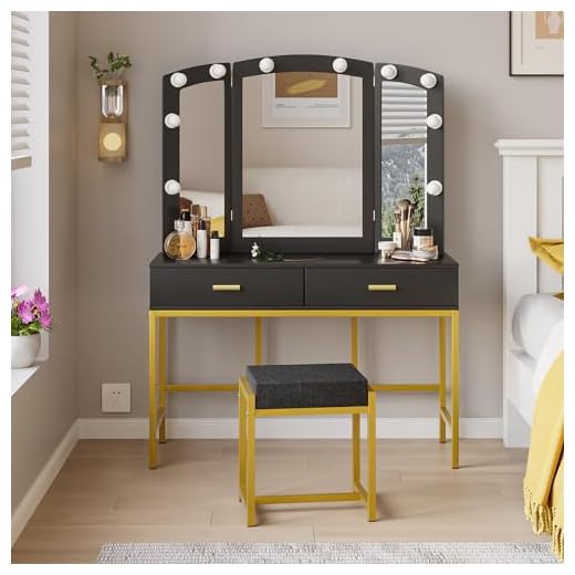 Semiocthome Black Vanity Desk with Mirror and 10 LED Lights, Makeup Vanity with 2 Drawers and Chair, Girls Vanity Set with 3pcs Mirror and Stool, Dressing Table with Gold Metal Frame for Bedroom