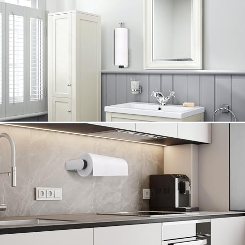Image of Mbillion Under Cabinet Paper Towel Holder for Kitchen, RV & Camper - Waterproof, Anti-Rust Wall Mount with No Drill Installation, 5.71 inch Compact Design (Brushed Silver)