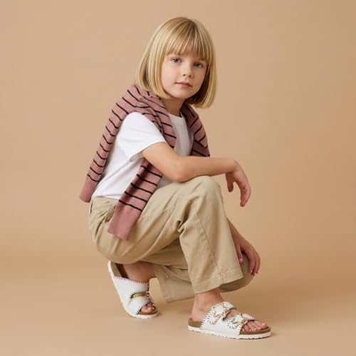 Image of CUSHIONAIRE Lily Girl Toddler Sandals with Adjustable Gold Tone Star Buckles and Cushioned Cork Footbed Slip On Girls Slides for Kids