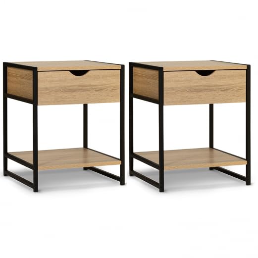 IDMarket – Juego de 2 mesitas de noche Detroit 1 cajón con estante madera y metal, color negro