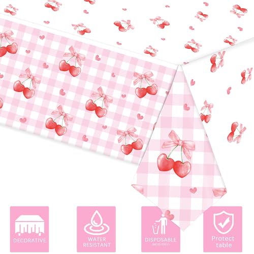 Image of 3PCS Cherry Tablecloth Birthday Party Decoration, Cherry Plastic TableClothes Disposable Waterproof Rectangle Bow Favor Tablecovers for Birthday Baby Shower Bridal Bachelorette Party Decor Supplies
