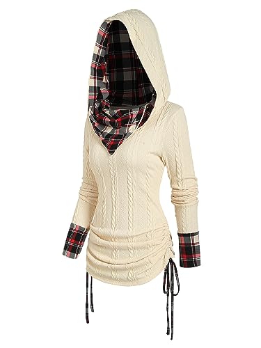Image of ZEZCLO Women's Twisted Cable Knit Plaid Print Hooded Sweater Mock Button Ruched Shawl Neck Knit Top