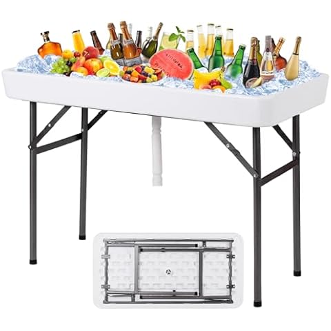 KOTEK Folding Ice Cooler Table with Matching Skirt & Drain Hose, Foldable Beverage Cooler Table Buffet Cooler Server, Portable Chill Table for Party, Picnic, BBQ, Camping (White) Cover