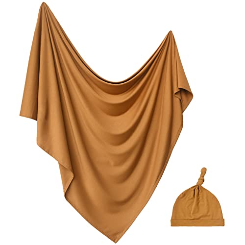 Image of Aijoviko Newborn Swaddle Blanket with Hat Set Baby Swaddle Set Hospital Receiving Blankets for Girls Boys(Copper,35"*35")