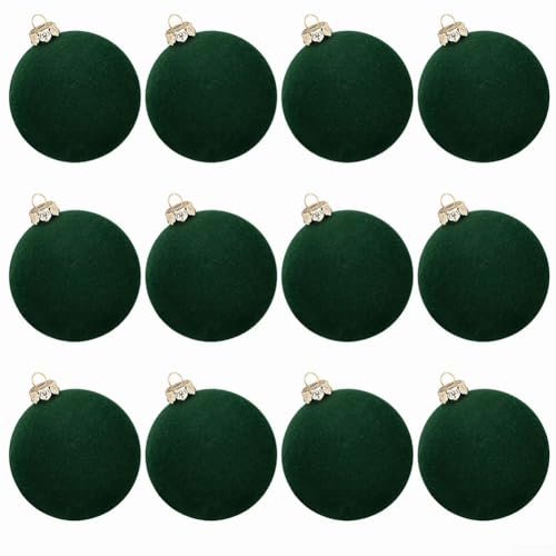 12 piezas de terciopelo para adornos de Navidad, bolas para decorar paredes de árboles con construcción de plástico y prácticos lazos para colgar (tinta verde pura)