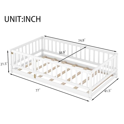 Image of Bellemave Twin Size Kids Montessori Floor Bed with Door,Solid Wood Floor Bed Frame with Slats and High Fence for Kids,Girls,Boys,White
