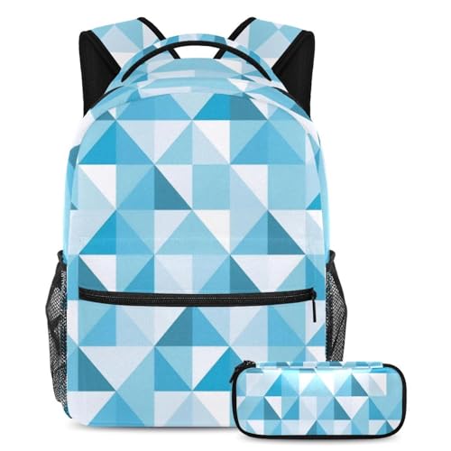 Cartable ado pour le collège style géométrique bleu avec trousse à crayons