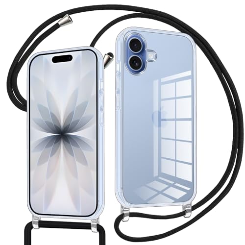 Pnakqil Etui na iPhone'a 17 ze smyczą, sznurowane etui na szyję pasek na ramię przezroczysty telefon komórkowy odporny na zarysowania silikon ochrona liny etui na iPhone 17, czarny 01