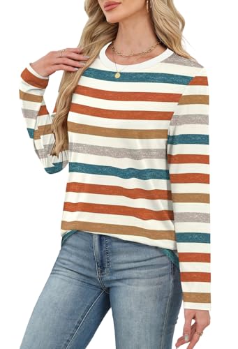 WIHOLL Womens Long Sleeve Shirts 2025 Striped Color Block Tops Fall Fashion Clothing Ribbed Crewneck Tee Blouses