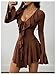 GORGLITTER Women's Bell Long Sleeve Ruffle Mini Dress Y2k Tie Front Deep V Neck A Line Dresses Brown Small