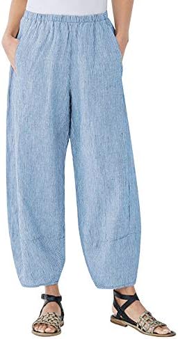 POTTON Loose Fit Cropped Relaxed Fit Cotton Wide Leg Capris for Women Lightweight Ladies Capris Stripes Casual Linen Blue