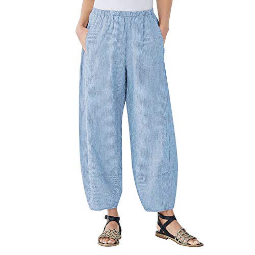 Potton Loose Fit Cropped Relaxed Fit Cotton Wide Leg Capris For Women Lightweight Ladies Capris Stripes Casual Linen Blue #TOP2