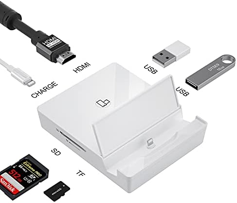HDMI Stand Adapter for iPhone,6-in-1 OTG Docking Station,HDMI Adapter+2*USB Camera Adapter+2*Card Reader+Charging,Support HDTV/Monitor/Projector/USB Flash Drive/Keyboard Mouse