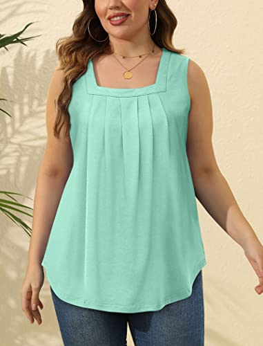 Image of Saloogoe Summer Tank Tops for Women Loose Fit Pleated Square Neck Sleeveless Tops Curved Hem Flowy