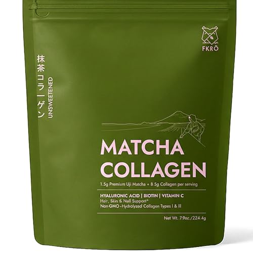 FKRO Matcha Collagen Powder w Biotin, Hyaluronic Acid & Vitamin C - Healthy Hair, Skin & Nails - Natural Type I & III Hydrolyzed Collagen Powder, Unsweetened Matcha Latte - 22 Servings, 7.9oz