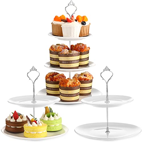 3 Sets Cupcake Stand 3 Tier Dessert Serving Trays Porcelain 2 Tier Serving Tray White Ceramic Cake Stand Round Dessert Pastry Stand Fruit Holders Platter For Wedding Birthday Tea Party #TOP9