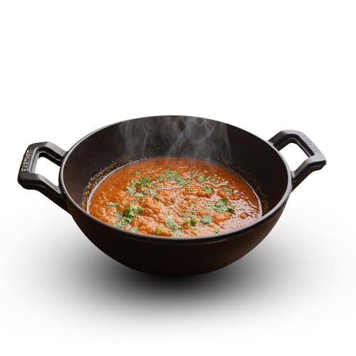 Image of EARTHFIT Cast Iron Kadai 8 Inches with Twin Handles | Durable Iron Kadhai for Cooking and Deep Frying | Pre-Seasoned Kadai Cast Iron for Healthy Cooking