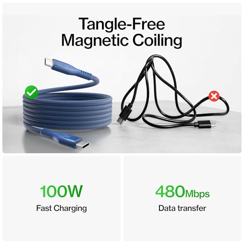 Image of Statik MagStack Pro USB C to USB C Coiling Magnetic Charging Cable,100W | Nylon Braided Tangle-Free Design, Magnetic Coiling, Data Transfer, Compatible with iPhone & Android, 6FT Navy, 3 Pack