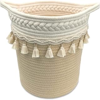 MillyBeas Boho Storage Basket with Tassels, Nursery Cute Toy Storage Baskets in Bohemian Stylish Look, Decorative Woven Cotton Rope Bin to Organise Laundry, Blankets, Magazines, Towels, Baby Clothes