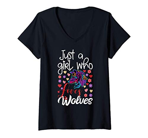 Mujer Just A Girl Who Loves Wolves Gift for Girls Funny Wolf Lover Camiseta Cuello V
