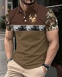 COOLLYME Men's Polo Shirt, Brown with Deer Hunting Design, Camouflage Sleeves, Short Sleeve, 100% Polyester
