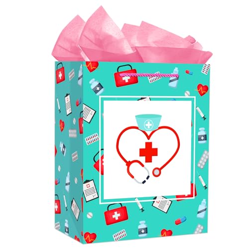 D4DREAM Nurse Graduation Gift Bag - 13" Large Pink Nurse Gift Bag with Tissue Paper for Women Doctor Nursing School Grads Medical School Graduates Perfect for Nurse Week Celebrations