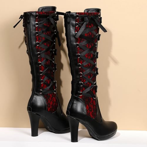 SACFOF Women Lace Goth Knee High Boots Vintage Buckle Block Heel Lace Up Knee Steampunk Boots Punk Platform Gothic Boots4