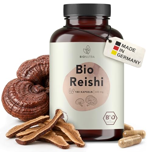 BIONUTRA© Bio Reishi Kapseln, 180 Stück à 600 mg hochdosiert, vegan & ohne Zusätze, Rückstandskontrolliert, Deutsche Herstellung aus Vitalpilz Reishi Bio