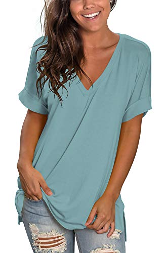 Image of Sampeel Women's V Neck T Shirts Casual Rolled Short Sleeve Side Split Summer Tops Loose Fit
