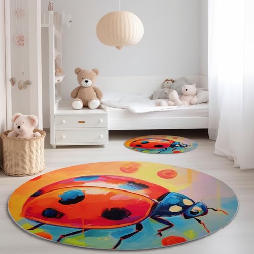 Genérico Alfombra Redonda para Dormitorio 90 cm - Pintura Al Óleo Lindo Insectos Tema Franela Pelusa Corta Alfombras Redondas, Vistoso Antideslizante Alfombra para Decoración de Comedor
