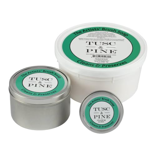 Image of Tusc & Pine The Artists' Brush Soap - 2oz and 12 oz Set - Plant-Based Brush Cleaner, Oil, Acrylic, Watercolor Paint - Nourishes Bristles; Made in North Carolina; Alkali Soap, Gentle Pine Fragrance