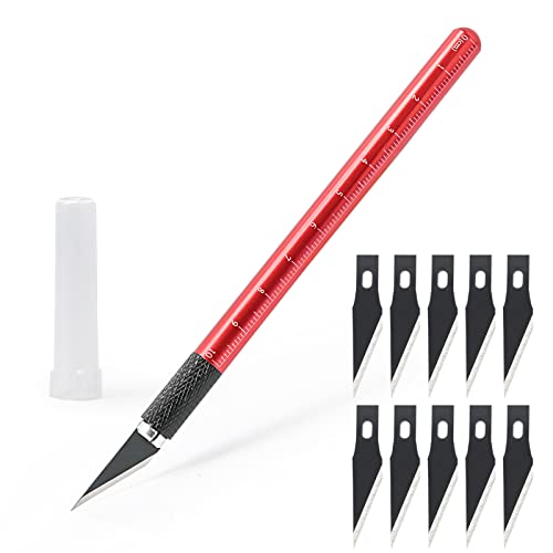EHDIS Cuter Manualidades Precision con 10 Cuchillas de Película de aceite, Cuter de Precision con Escala, para Cortar y Tallar, trabajos de corte sumamente exactos, Rojo