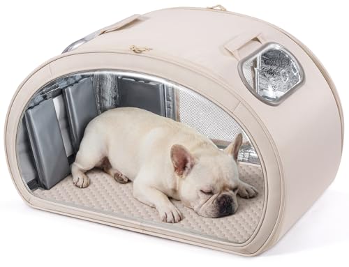 Pecute Dog Cooling House, with Cooling Mat for Small Dogs, Indoor cat Bed with Insulation and 6 Built-in ice Packs, Foldable Transparent Window Outdoor Cat House for Pets Under 17.6lbs, L, Cream