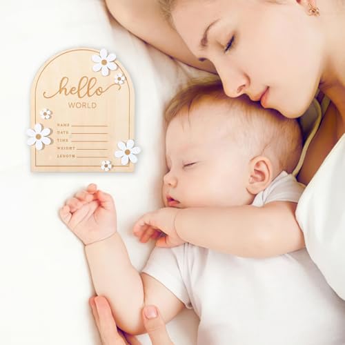 Image of ​Wooden Hello World for Baby Showers, 7.1 Inch Baby Announcement Sign, Birth Announcement Sign for Hospital Welcome Newborn Boys and Girls Shower, Nursery Hospital Information Record Board