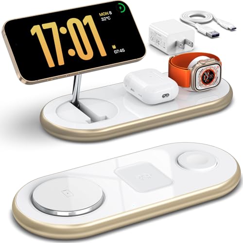Image of Magnetic Charging Station, 3 in 1 Faster Mag-Safe Wireless Charger Stand, Wireless Charging Pad for Apple Devices, iPhone 17 /16 /15 /14 /13 /12 Series, iWatch Series, AirPods (Golden)