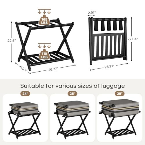 oakvivo Fully Assembled Black Luggage Rack for Guest Room, Bamboo Foldable Suitcase Stand with 5 Nylon Straps, Upgraded Luggage Rack Holder with Shelf for Bedroom Hotel, Holds up to 165 Lbs, 1pcs by oakvivo - Image 2