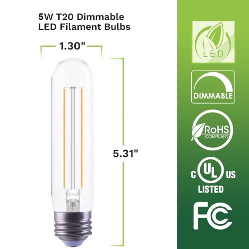 Bioluz Led 94 Cri T10 Led Bulb 40W (Uses Only 5W) E26 Base Filament Bulb Soft White 3000K T10 Led Edison Bulb Works With Dimmable Or Non-Dimmable Ul-Listed Title 20 High Efficacy Lighting 6-Pack #TOP3