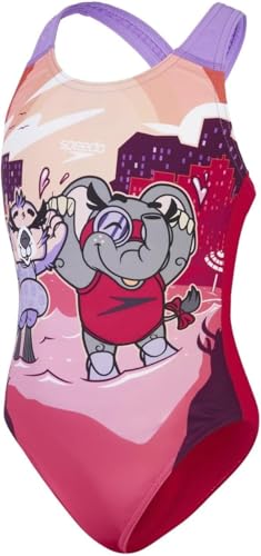 Speedo Mädchen Schwimmen Lernen Crossback Badeanzug mit Motiven | Chlorbeständig | Recyclingmaterial | Dehnbares Material Cherry Pink/Cupid Coral/Sweet Taro 6-9M