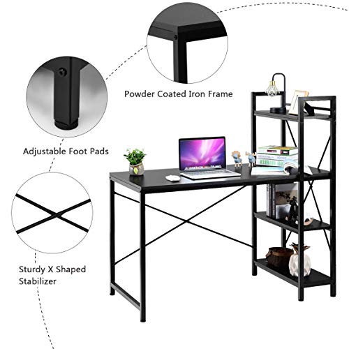 Tangkula Computer Desk With 4 Tier Shelves, Study Writing Table With Storage Bookshelves, Modern Compact Home Office Workstation, 47.5" Tower Desk With Steel Frame & Adjustable Feet Pad, Black #TOP5