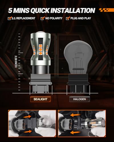 Image of SEALIGHT LED Turn Signal Bulb, 3157 LED Bulb Amber Yellow 2700K with Projector Lens, 13X Brighter Front Rear Turn Signal Bulbs, for Parking Light Bulbs, Tail Light Bulbs, Pack of 2