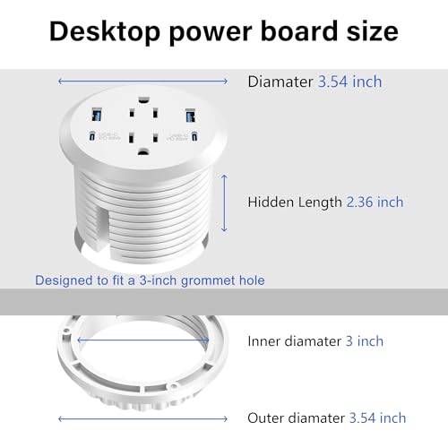 Desktop Power Grommet, 65W USB C Fast Charging, Flush Mount Recessed Power Strip 3-Inch Hole, 2 Outlets, 4 USB Ports, Countertop Outlet (White) by Jgstkcity - Image 5