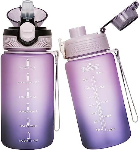 Seekua Sports Tritan Water Bottle 1l with Straw & Time Markings, Big Motivational Daily Drinking Bottle with Strap for Bike, Running, 2 Lids, 1 Litre