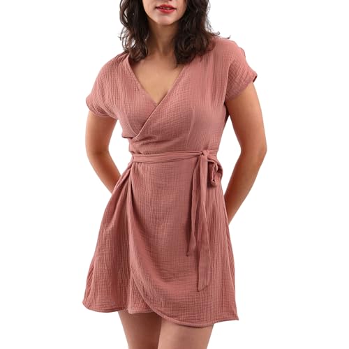 Image of Amazhiyu Women's Cotton Gauze Short Sleeve Wrap Mini Dress